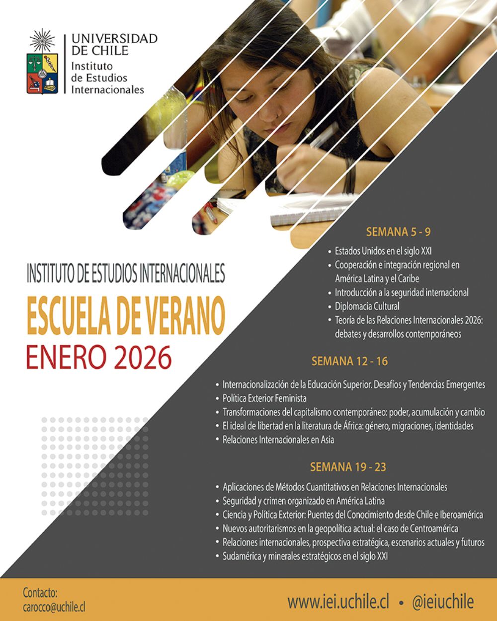 El Instituto de Estudios Internacionales (IEI) ofrecerá su tradicional Escuela de Verano. En esta ocasión, el IEI ofrecerá 16 cursos, mayoritariamente online, de una semana de duración.
